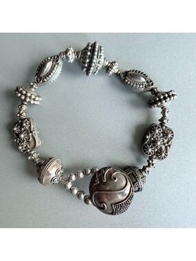 Vintage Ornate Filigree Beaded Sterling Silver Bali Bracelet
